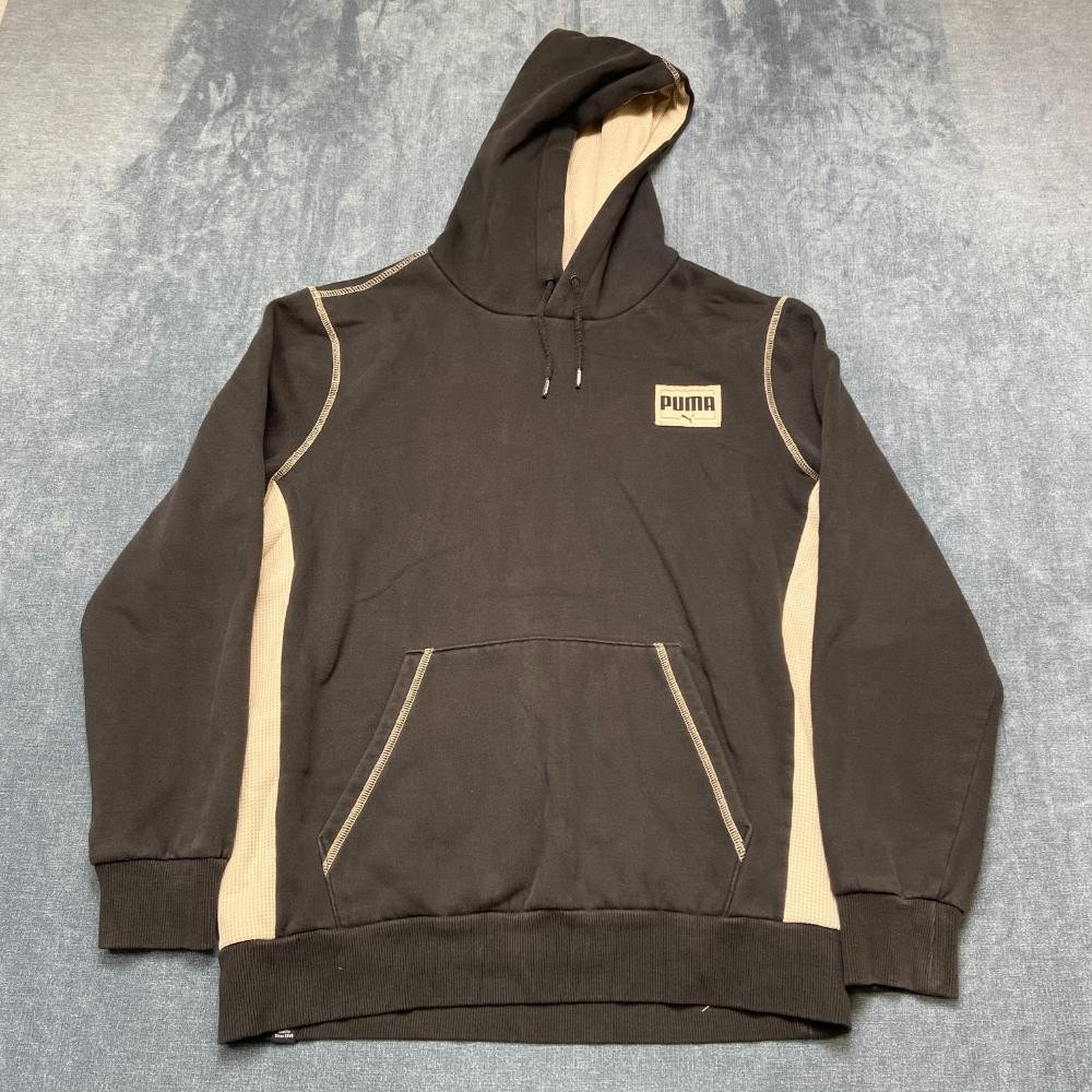 Puma Hoodie Mens Medium Black Tan Cotton Fleece Lined Logo Kangaroo Pockets